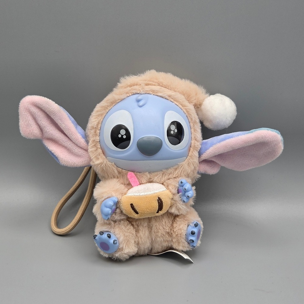 Disney Miniso Stitch Plush Bag Charm Keychain Tan Fuzzy Hooded Onesie Boba Tea